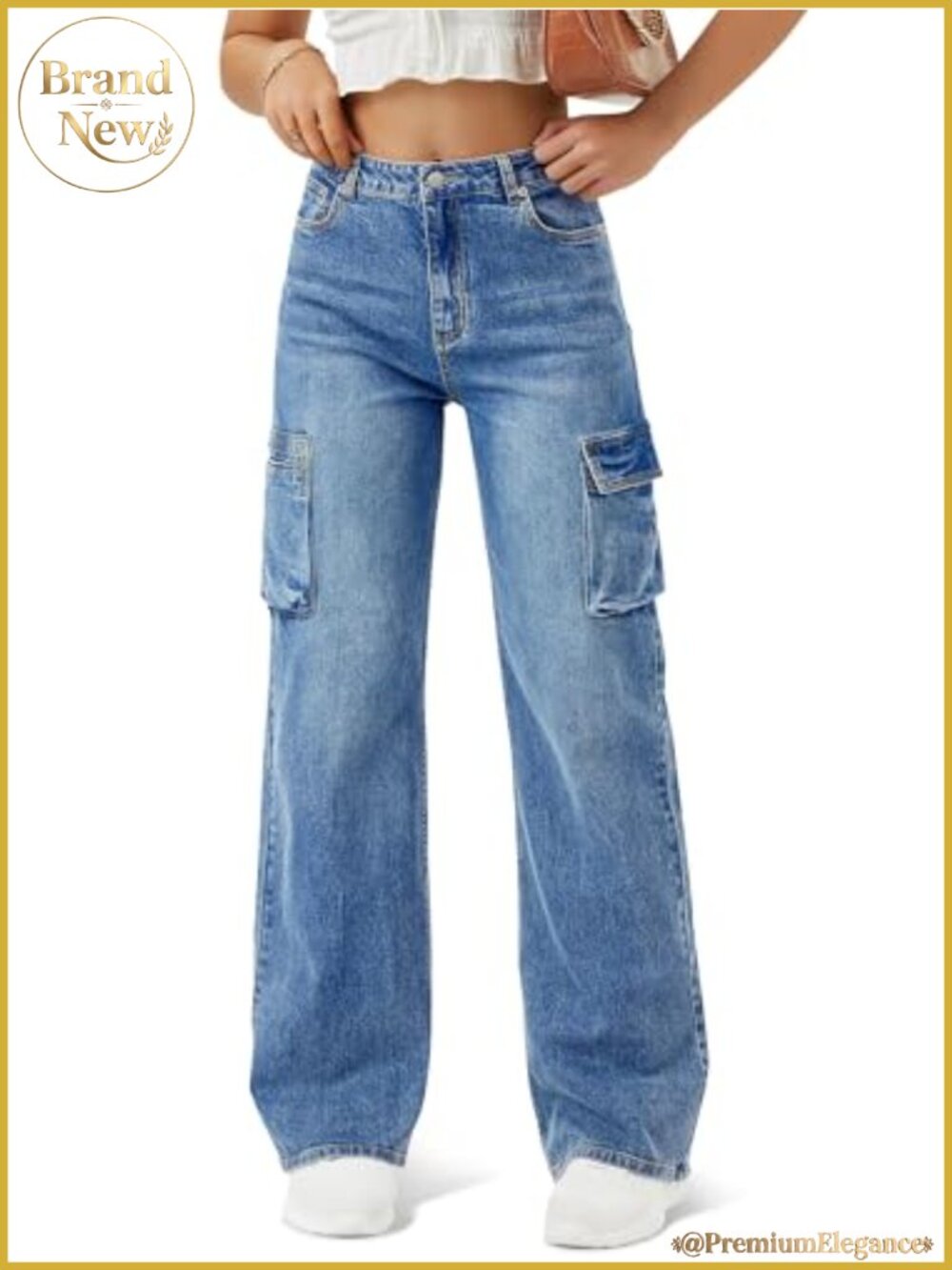 Women High Waisted Cargo Jeans 6 Pockets Wide Leg Baggy Straight Denim Pants